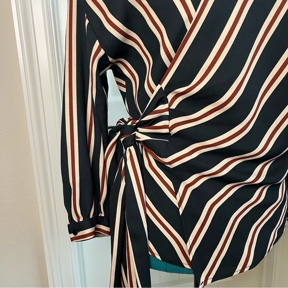 2/$30 Zara Basic Black Brown Tan Striped Long Sleeve Wrap Blouse - Picture 4 of 10